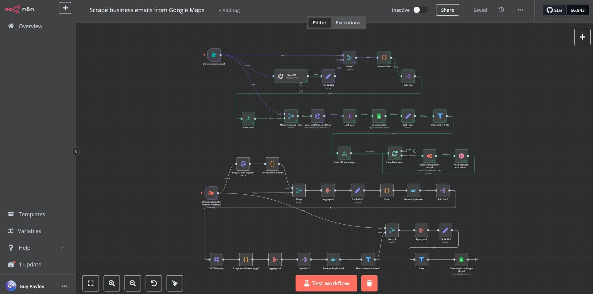The n8n editor showing the full workflow as connected steps, from the input form through Google Maps search to the Google Sheet.
