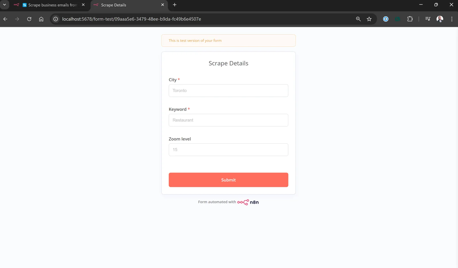 A short form asking for a city, a keyword and a zoom level.