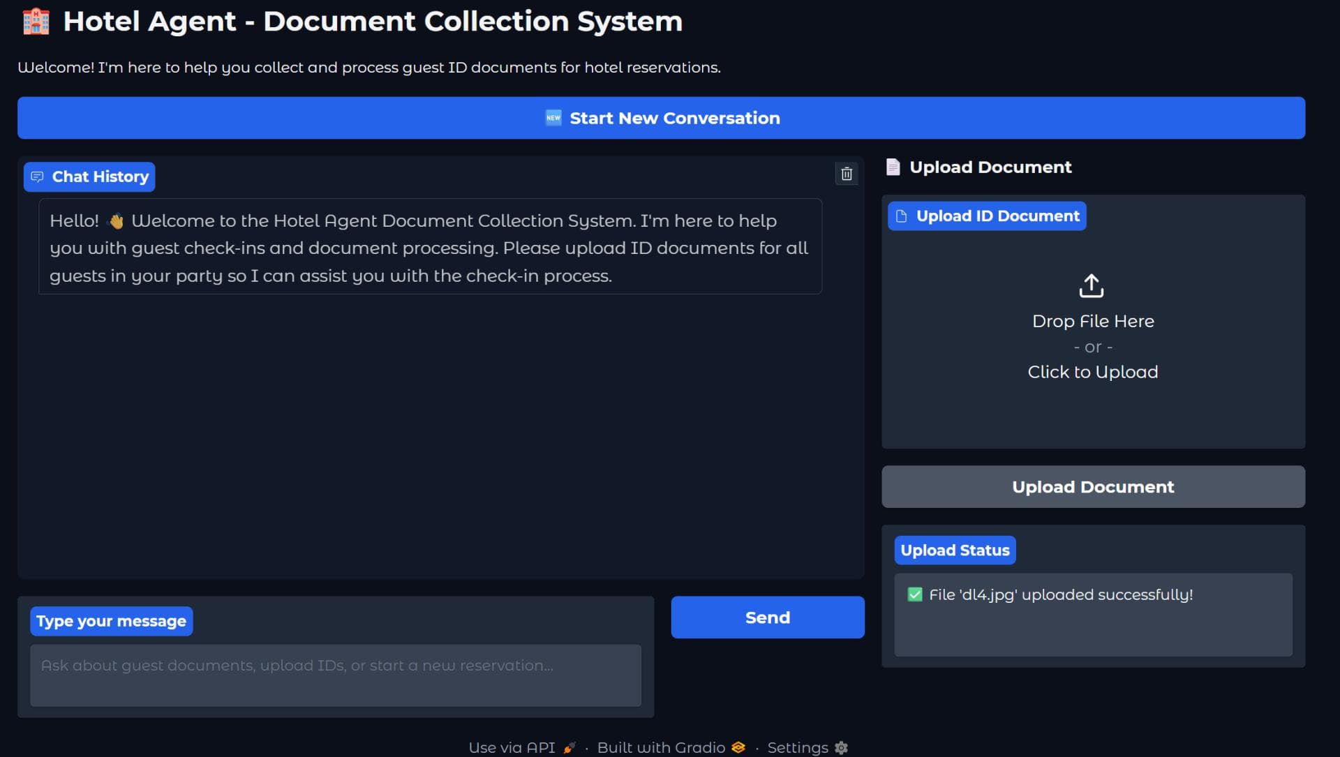 The check-in assistant welcoming a guest and asking for ID documents, with an upload panel showing one file received.