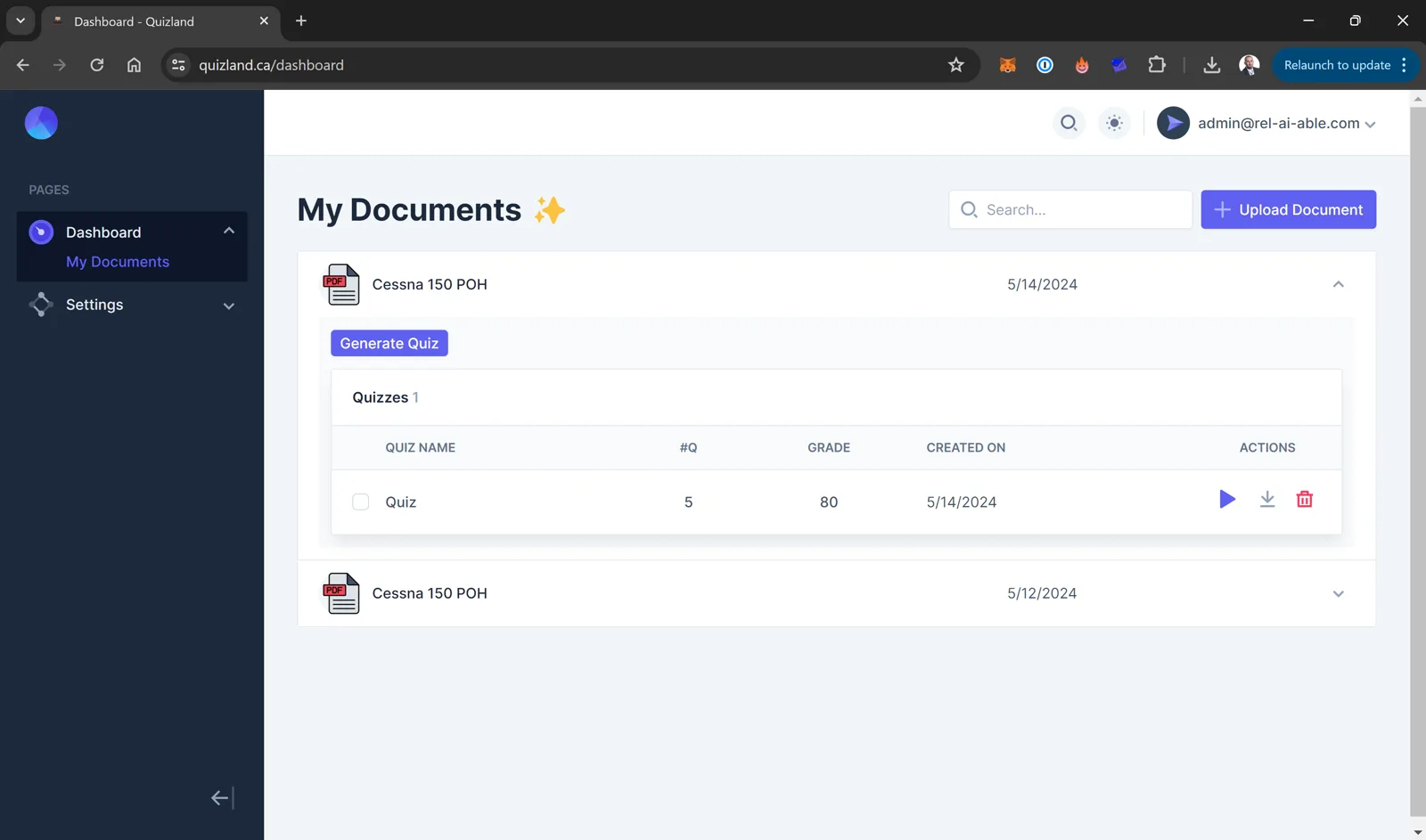 A dashboard listing uploaded documents, each with its quizzes and grades.