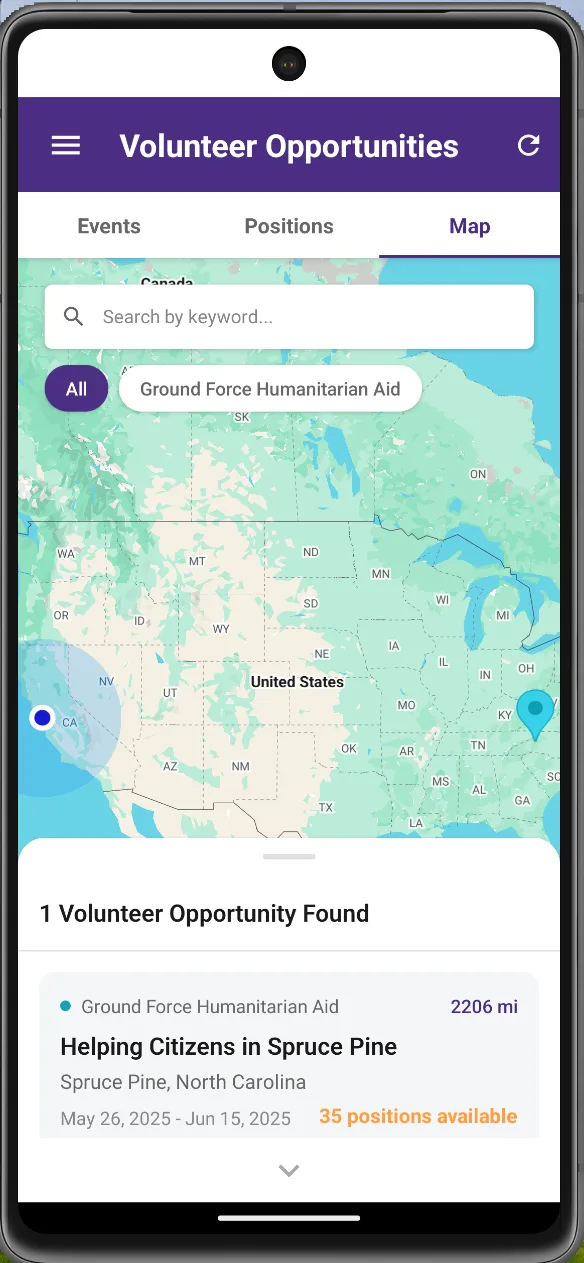 A phone screen with a map of volunteer opportunities and the nearest result listed below it.